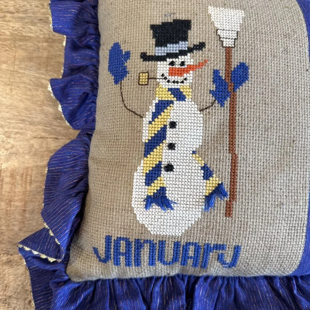 Vintage Cross Stitched Snowman Throw Decorative Pillow Purple Ruffled January